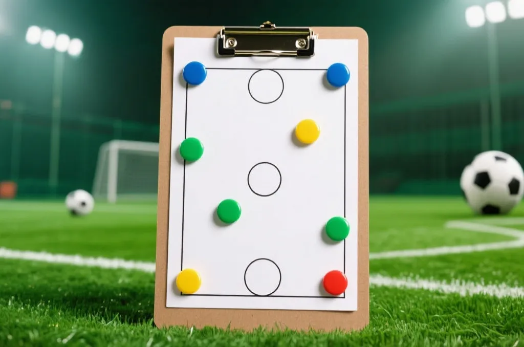 A professional tactical clipboard with colorful magnets on a green soccer field background