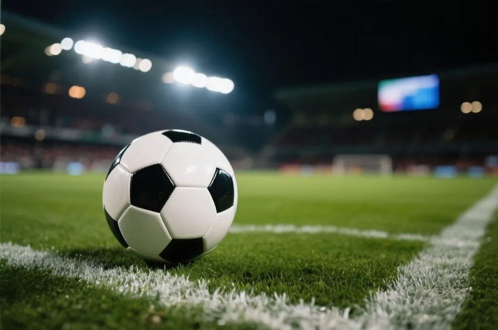 A close-up of a soccer match under bright stadium lights, focus on a soccer ball on the pitch