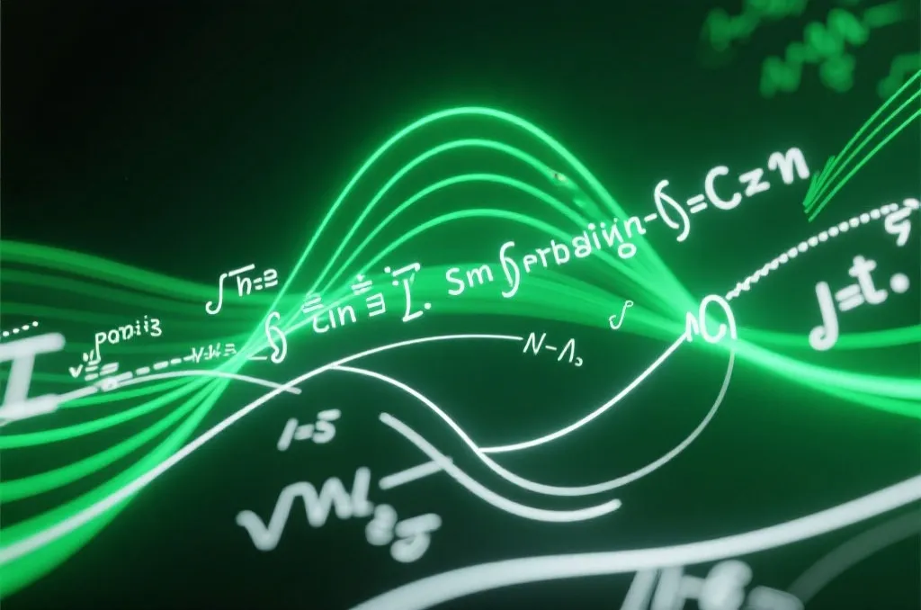 An abstract mathematical formula background with glowing green and white lines, representing probability and data analysis, clean and professional design